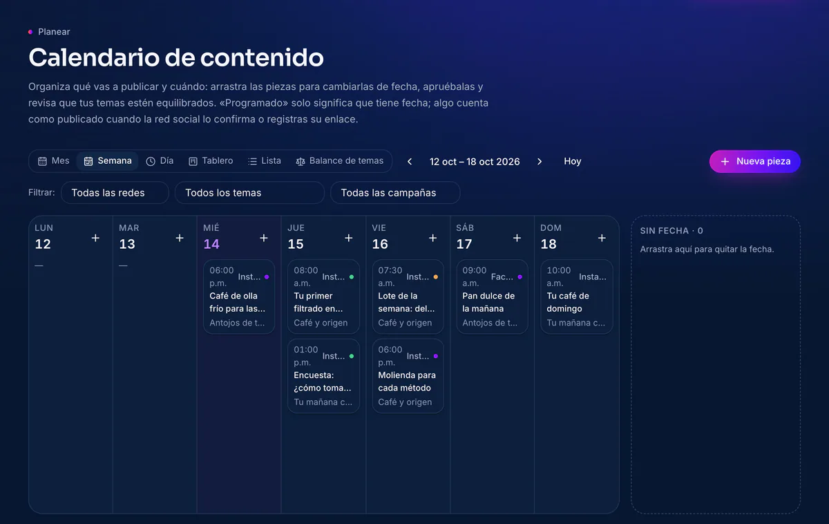 Calendario en vista semanal con las publicaciones de una cafetería de ejemplo.