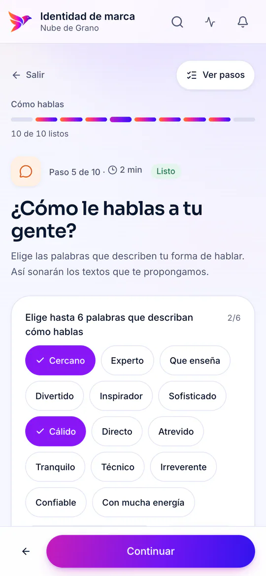 Paso «Cómo hablas» en el celular, con ejemplos de cómo sonaría la marca.