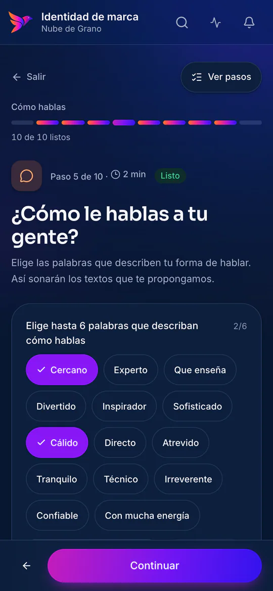 Paso «Cómo hablas» en el celular, con ejemplos de cómo sonaría la marca.