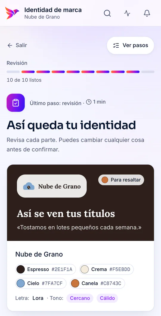 Resumen «Así queda tu identidad» en el celular, con los colores, la tipografía y el tono de una cafetería de ejemplo.