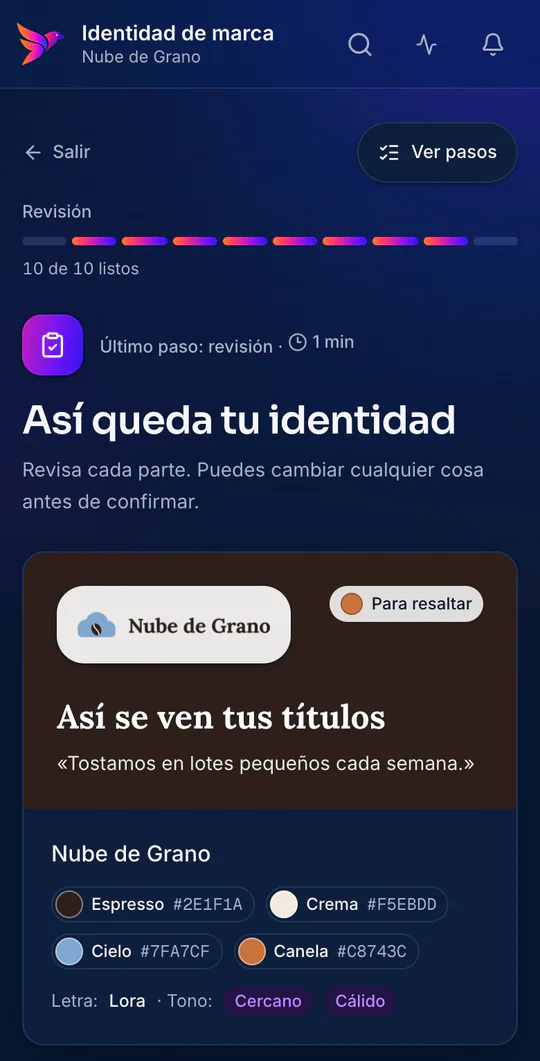Resumen «Así queda tu identidad» en el celular, con los colores, la tipografía y el tono de una cafetería de ejemplo.